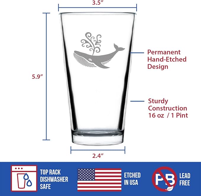 Whale Pint Glass for Beer - Beach Themed Decor and Gifts for Whale Lovers - 16 Oz Glasses