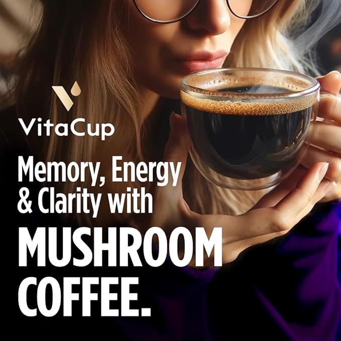 VitaCup Focus Mushroom Instant Coffee | For Memory & Clarity Support | with Fiber, Chaga, Lion’s Mane | D3 & B Vitamins | Medium Roast 100% Arabica & Robusta Instant Coffee | 30 Servings
