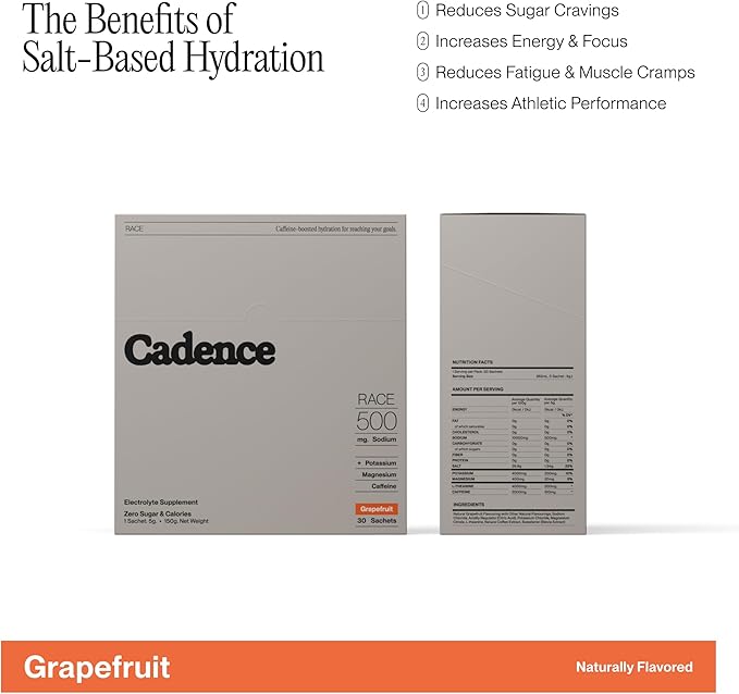 Cadence Sachets Race Energy Grapefruit - Carton (5g x 30) | Science-Backed Hydration | Zero Caffeine | Vegan, Keto & Paleo Friendly | Sodium, Potassium & Magnesium for Performance & Recovery