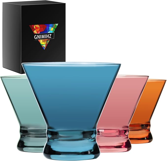 Colored Martini Glasses Set of 4 - Crystal Cocktail Glasses, Stemless Martini Glass for Bar, Martini, Cosmopolitan, Manhattan, Gimlet, Pisco Sour Brandy, Margarita Glasses, Dessert Cups, 8oz