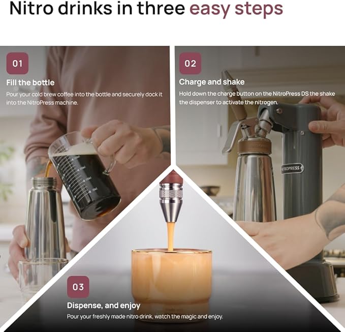 NitroPress DS – Electric Nitro Cold Brew Coffee & Cocktail Maker | Air-Powered Nitrogen Infuser for Smooth Nitro Drinks, Cocktails, Cold Brew & Tea at Home | No Gas Cartridges | Stainless Steel Design