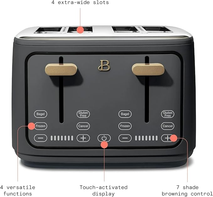 Beautiful 4 Slices Toaster with Touch-Activated Digital Display, Extra Wide Self-Adjusting Slots, Adjustable Shade Control, by Drew Barrymore (Gray)
