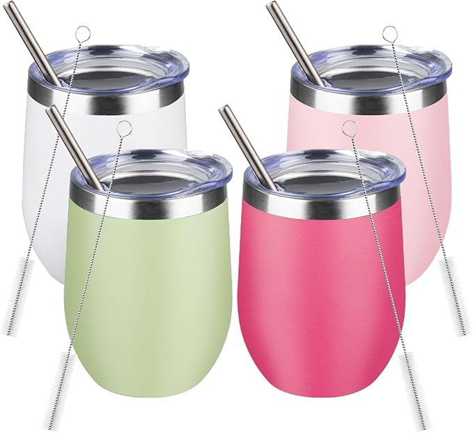 12oz/4 Pack Stainless Steel Wine Tumbler with Lids, Double WallVacuum Stainless Steel Travel Tumbler,Insulated Wine GlassesTravel Tumbler for Cold & Hot Drinks,Cup for Champaign Coffee(Light color)