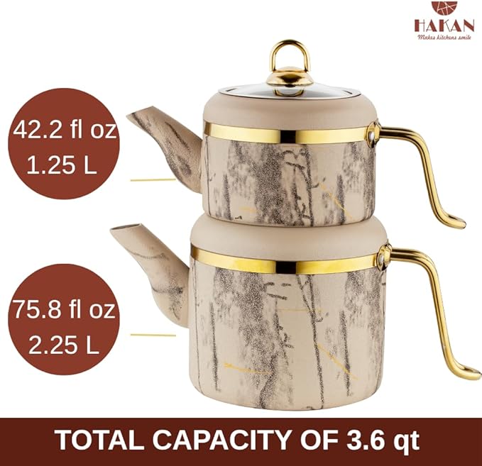 Hakan Melody Turkish Tea Pot Set | 3.5 L Tea Kettles for Stovetop with Stainless Steel Handless and Glass Lid | Aluminum Body Tea Maker | Double Stovetop Kettles with Granite Cover (cream)