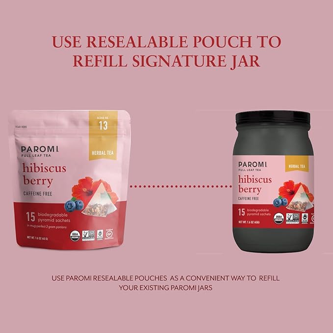 Paromi Hibiscus Berry Organic Herbal Tea, Signature Jar, 15 Count