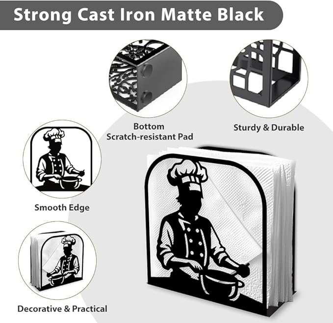 Chef Decorative Black Metal Napkin Holder for Table, 4.9" x 5.1" x 2" Cooking Standing Napkin Holder for Home Kitchen Restaurant Picnic Party Coffee Bar Dining Room