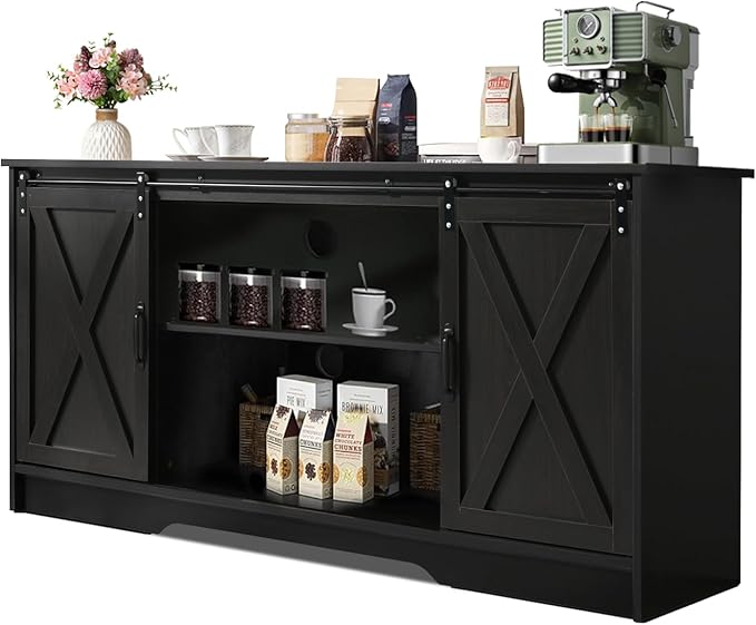 4 EVER WINNER Farmhouse Coffee Bar Cabinet, 59" Large Kitchen Storage Cabinet with Sliding Barn Doors, Buffet Cabinet with Storage Cupboard for Kitchen, Dining Room, Espresso