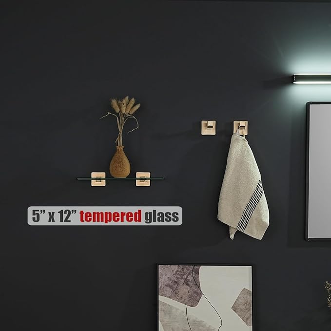 JQK Bathroom Glass Shelf, Tempered Glass Shower Storage 12 by 5 inches, 304 Stainless Steel Champagne Bronze Wall Mount, TGS201L12-CB