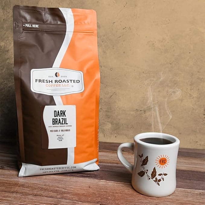 Fresh Roasted Coffee, Dark Brazil, 5 lb (80 oz), Med-Dark Roast, Kosher, Ground