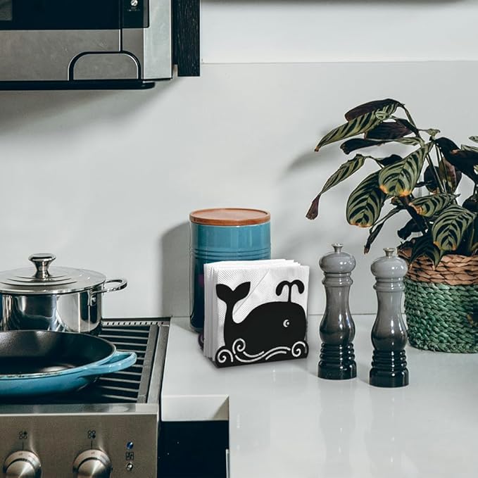 Cartoon Whale Decorative Black Metal Napkin Holder for Table, 5.3" x 4.1" x 1.9" Whale Marine Animal Standing Napkin Holder for Home Kitchen Restaurant Picnic Party Coffee Bar Dining Room