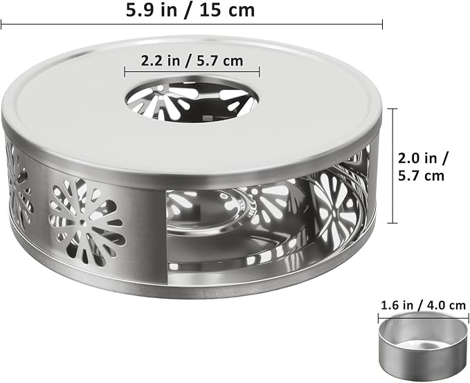 Tea Warmer Chrysanthemum Silhouette, JUKFITA Silver Brushed Stainless Steel Teapot Warmer, Includes 1 Tealight Holder