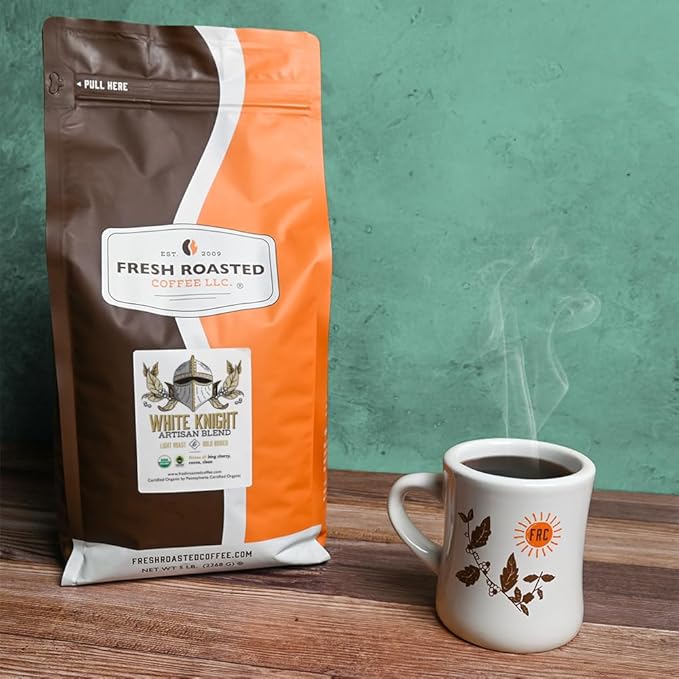 Fresh Roasted Coffee, Organic White Knight | USDA Organic, Kosher | Light Roast 5 lb (80 oz), Ground