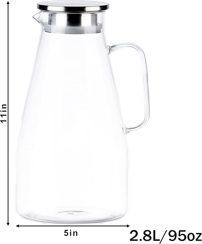 3 Quart Glass Pitcher with Lid,96 oz -Iced Tea Pitcher, Juice, Milk, Coffee, Lemonade - Borosilicate Boiling Glassware - Hot & Cold Beverages Christmas Gift,New Year Gift