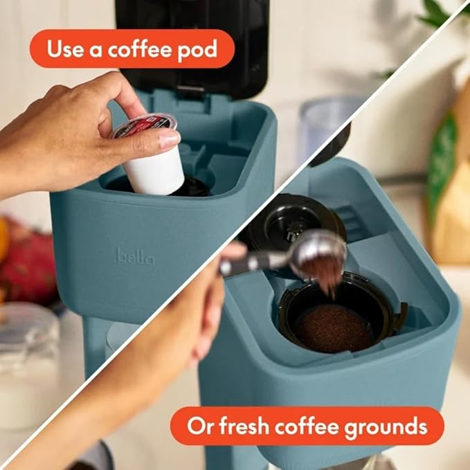 Single-Serve Bella Coffee Maker – Compact 6oz–14oz Brewer for Ground Coffee or Pods, One-Touch Operation, Adjustable Drip Tray, 35oz Water Tank, Travel Mug Friendly, Dishwasher-Safe Parts (Surf)