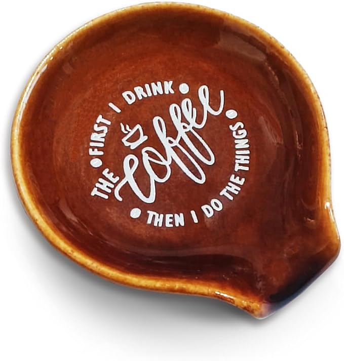 Funny Coffee Quote First I Drink The Coffee Then I Do The Things Ceramic Spoon Holder-Brown Coffee Spoon Rest -Cafe Station Bar Accessories