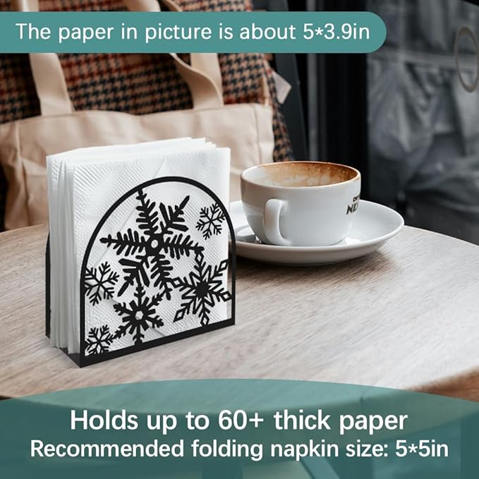 Christmas Snowflake Decorative Black Metal Napkin Holder for Table, 5.3" x 4.4" x 1.9" Winter Snowflake Standing Napkin Holder for Home Kitchen Restaurant Picnic Party Coffee Bar Dining Room
