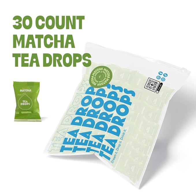 Tea Drops 30 Bulk Pack Organic Matcha Bagless Tea - Loose Leaf, Lightly Sweetened, On-The-Go. Plastic-Free - Iced or Hot