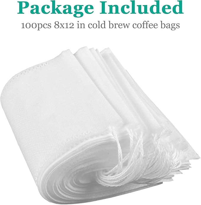 Yzurbu 100pcs 8''x12'' Cold Brew Coffee Bags, No Mess Disposable Filter Bag with Drawstring for Coffee Grounds & Ice Tea