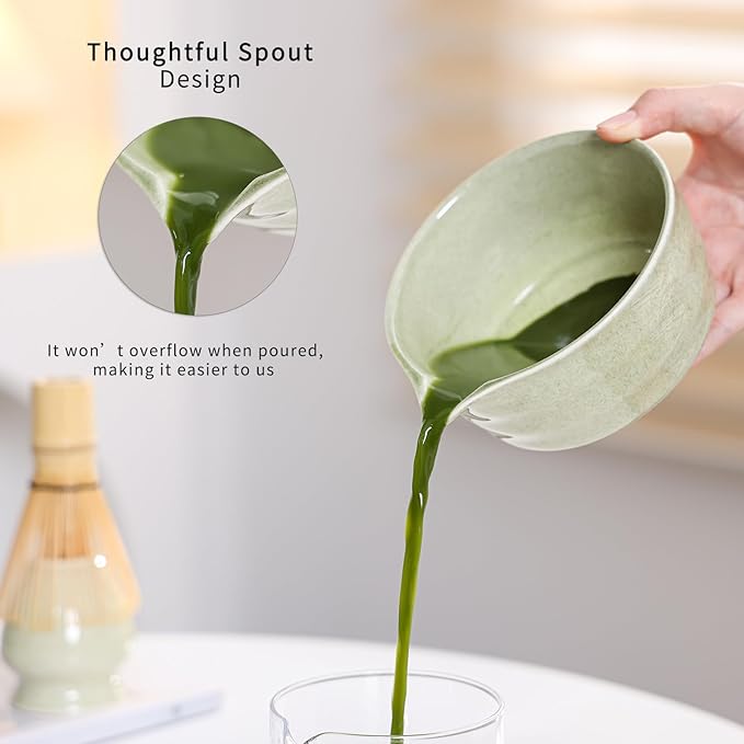 Matcha Set Match Bowl with Spout and Matcha Whisk Holder Whisk Tea Set Includes and Bamboo Scoop Ceramic 17 OZ - 4pc Perfect Matcha Kit for Matcha Tea Ceremony (Mottled Green)