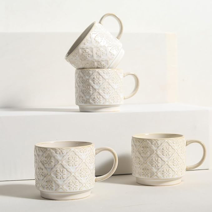 6 Oz Coffee Mugs with Stand, Stackable Coffee Cups Set of 4, Ceramic Espresso Cups, Embossed Cappuccino Cups for Latte, Cocoa, Mocha, Tea, Housewarming Wedding Present, Dishwasher Safe