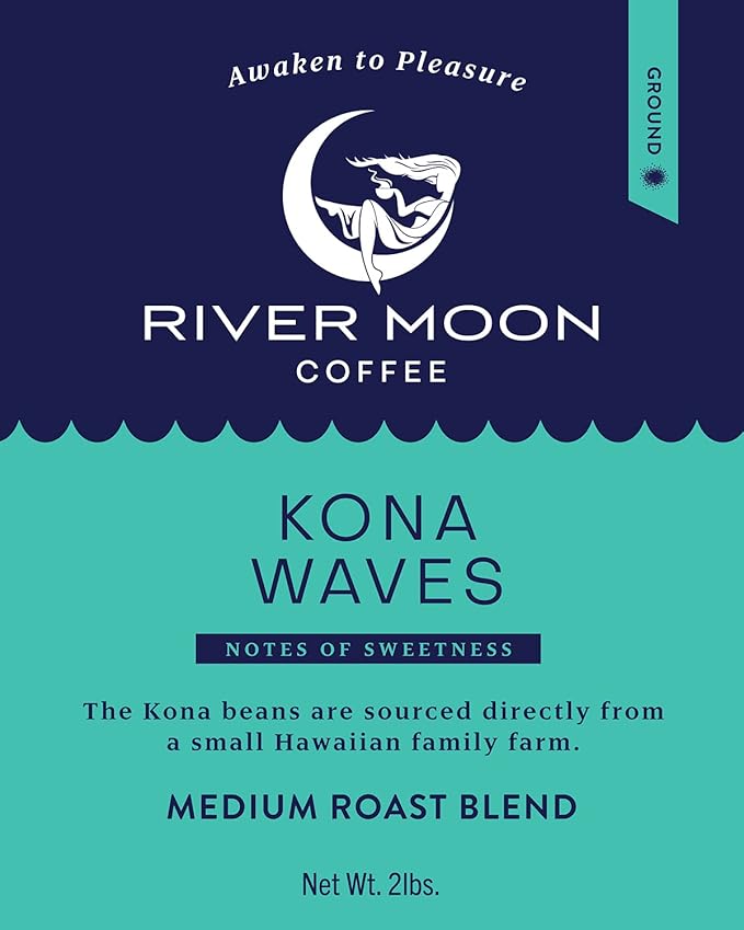 River Moon Coffee, Kona Coffee Ground, Medium Roast, 2 lbs, Kona Waves Hawaiian Blend, Sustainably Farmed, 100% Arabica