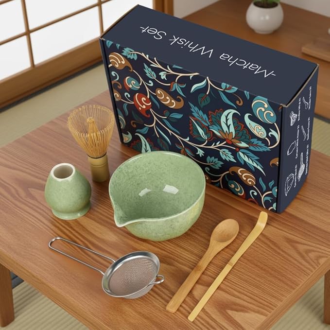 Matcha Whisk Set, 6 PCS Matcha Set-Ceramic Bowl, Whisk and Holder, Scoop, Spoon & Sifter, Complete Tea Ceremony Kit Set, Gift Box for Matcha Lovers, Birthday (Mottled Tea Green)