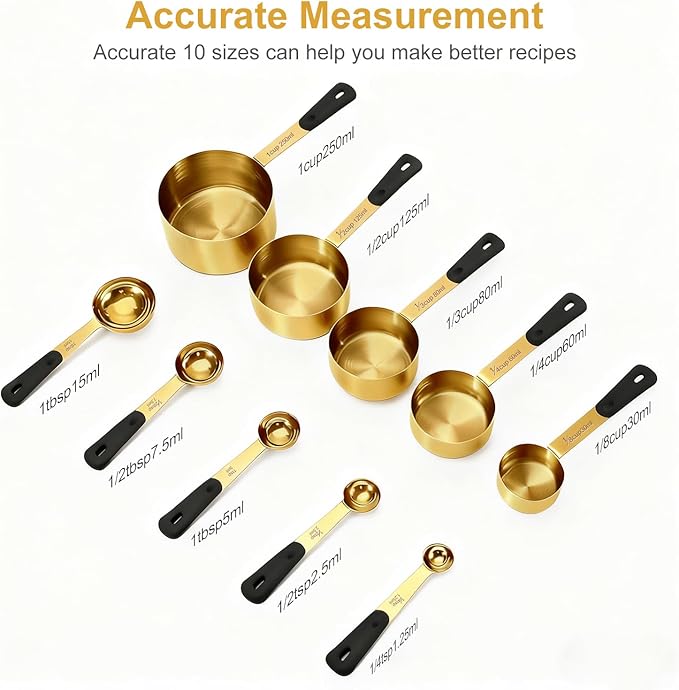 Measuring Cups and Spoons Set, Gold Electroplated Stainless Steel 10 Piece for Cooking and Baking (5 Cups + 5 Spoons Gold)