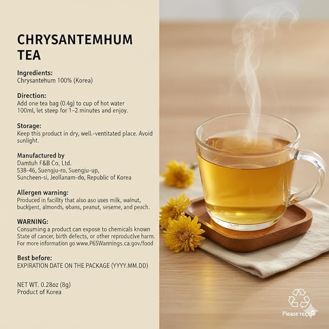 Damtuh Chrysanthemum Tea – Soothing Korean Herbal Flower Tea, Hot or Iced, Natural & Refreshing – 20 Tea Bags (0.4 g each)