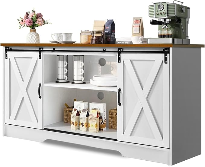 4 EVER WINNER Farmhouse Coffee Bar Cabinet, 59" Buffet Cabinet with Storage & Sliding Barn Doors, Kitchen Storage Cabinet, Coffee Station, Living Dining Room, White
