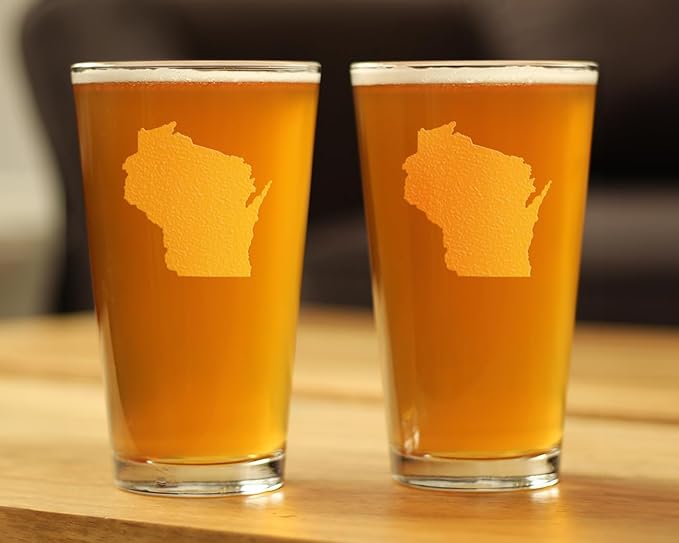 Wisconsin State Outline - Pint Glasses for Beer - Set of 2 - State Themed Drinking Decor and Gifts for Wisconsinites - 16 Ounce