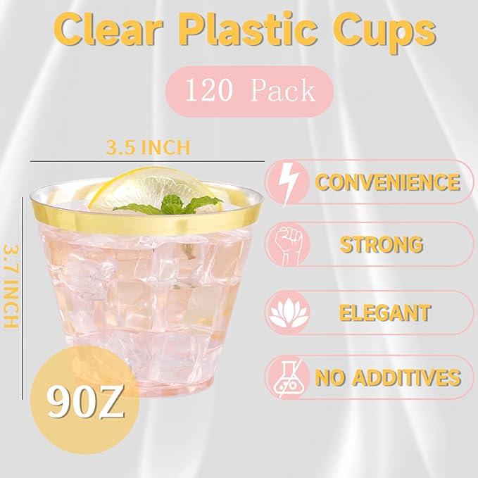 WELLIFE 120 PCS Gold Plastic Cups,9 oz Clear Plastic Cups,Disposable Wine Glasses for Party