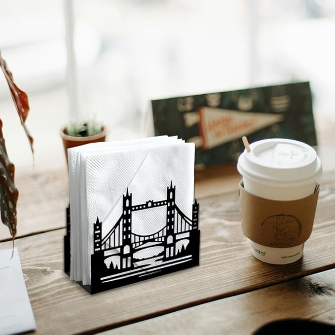 Bridge Decorative Black Metal Napkin Holder for Table, 5.3" x 4.1" x 1.9" Bridge Standing Napkin Holder for Home Kitchen Restaurant Picnic Party Coffee Bar Dining Room