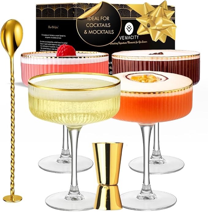 VEMACITY - Ribbed Espresso Martini Glasses Set of 4 with Gold Rims - Vintage Cocktail Glasses for Margaritas, Champagne and More - Includes Jigger & Bar Spoon | Ideal for Christmas & New Years