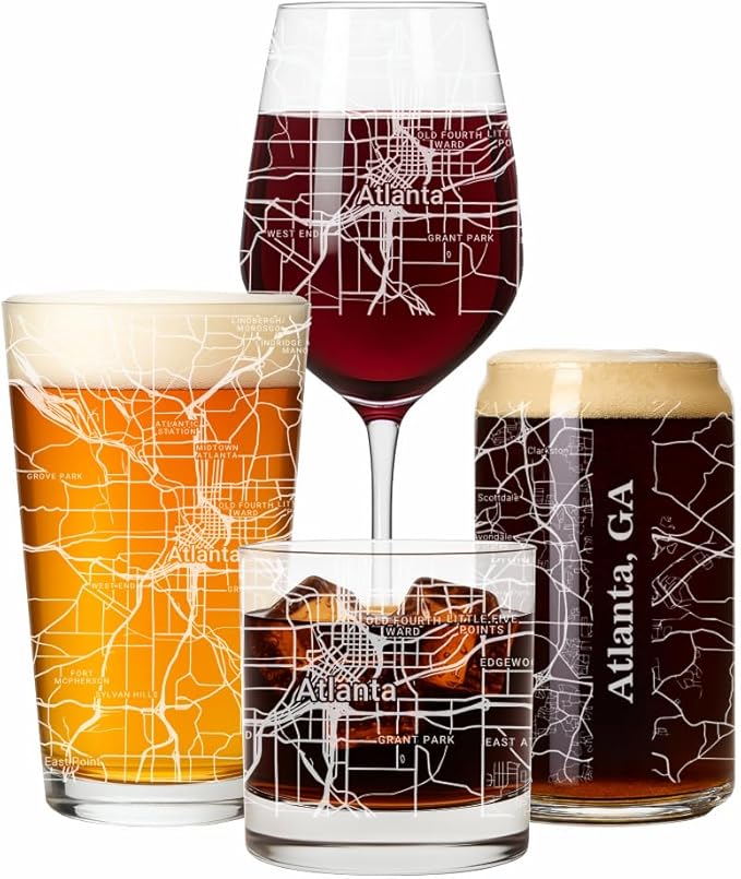 Blue Ridge Mountain Gifts - Atlanta Souvenir - Georgia Glassware Gift, Etched City Map, Laser Engraved and Dishwasher Safe