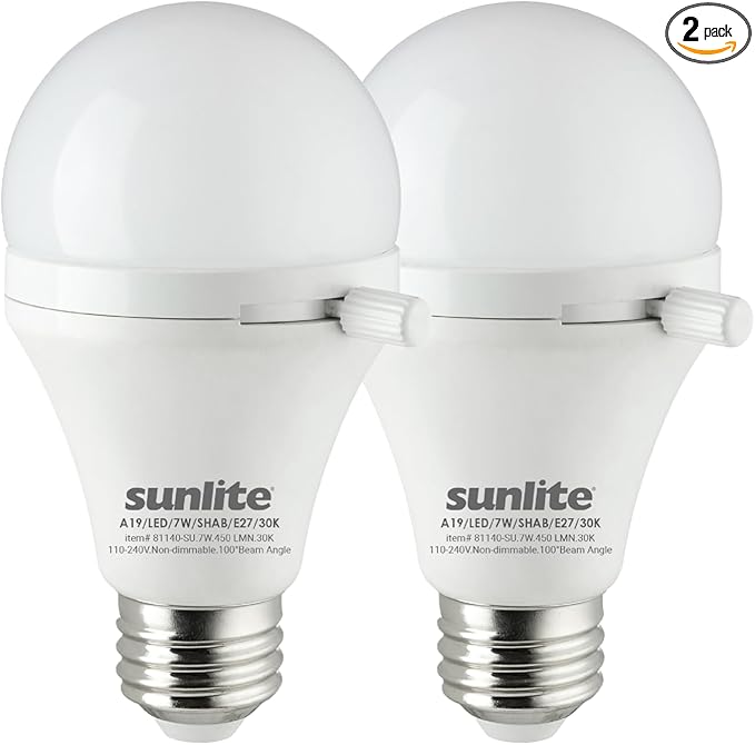Sunlite ShabBulb, Shabbat Permissible LED Light Bulb, 7 Watt (40 Watt Equivalent) 3000K Warm White, 2 Pack