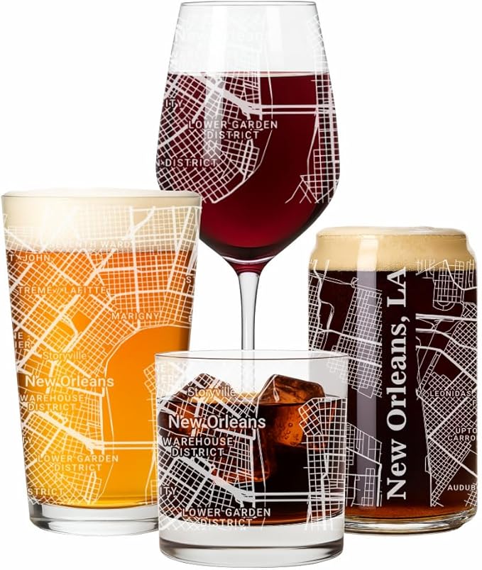 Blue Ridge Mountain Gifts - New Orleans Souvenir - Louisiana Glassware Gift, Etched City Map, Laser Engraved and Dishwasher Safe