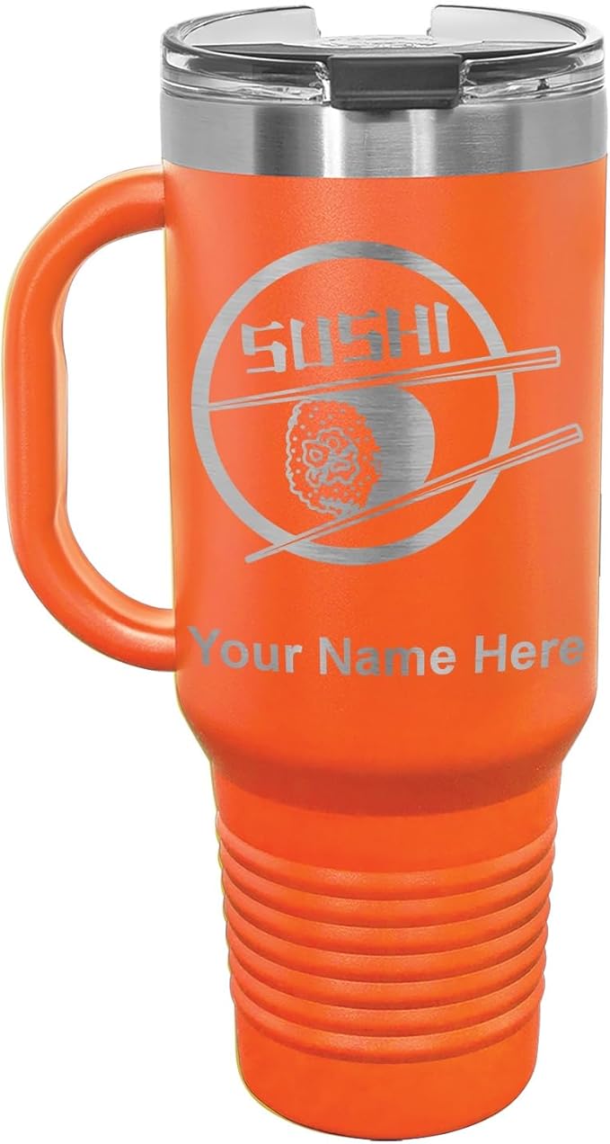 LaserGram 40oz Vacuum Insulated Travel Mug with Handle, Sushi, Personalized Engraving Included (Orange)