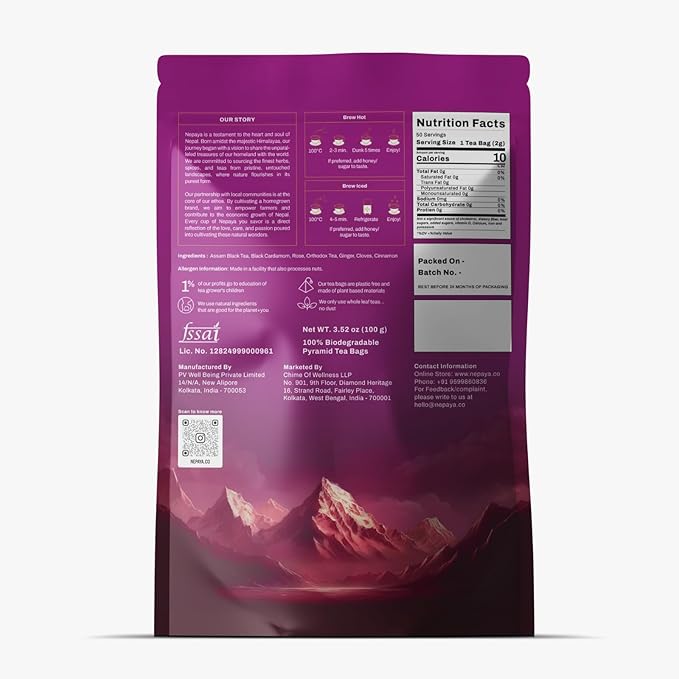Royal Rose Cardamom Black Tea Bags, Assam Rose tea with Black Cardamom & Rose Petals, Luxury Chai Blend, 50 individually Wrapped Biodegradable Pyramid Bags, Premium Rose Tea