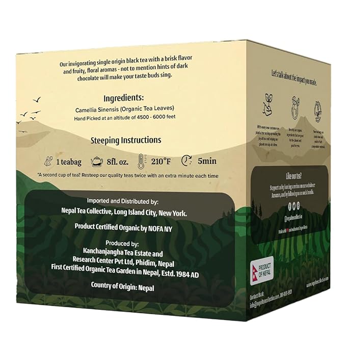 NEPAL TEA Organic Black Tea Bags from the Himalayas - 15 Pyramid Tea Bags, Single Origin from a Family Farm - Black Tea Bags with Loose Leaf Tea Inside (Himalayan Sunrise)