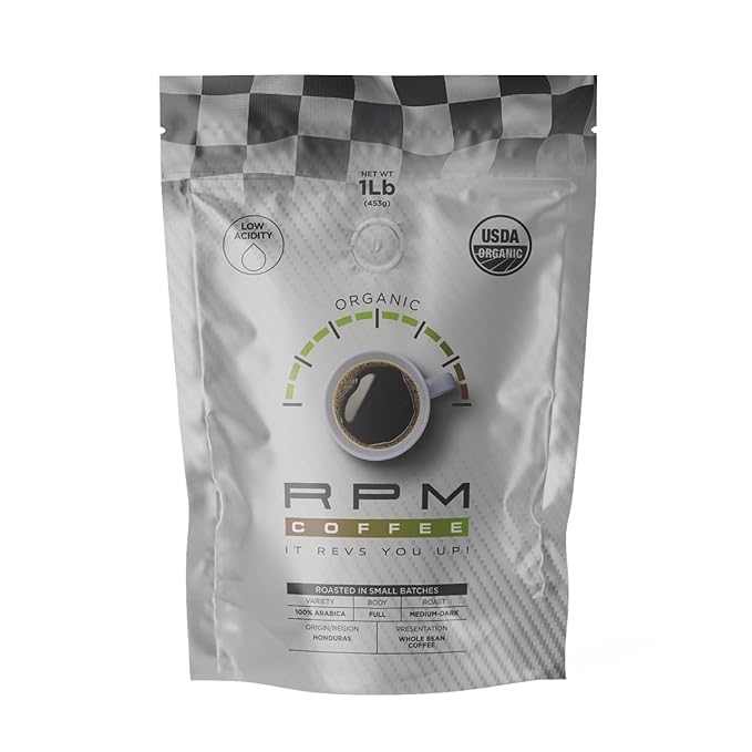 1LB RPM Organic Premium Coffee, Standard Caffeine - Supercharged Flavor, Medium-Dark Roast, 100% Arabica Beans, Low Acidity