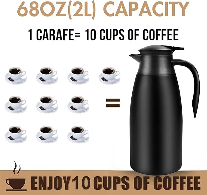 68oz Thermal Coffee Carafe, 2 Pack Airpot Insulated Coffee Urn Stainless Steel Vacuum Thermal Pitchers for Coffee, Hot Water, Tea, Beverage - Keep 12 Hours Hot, 24 Hours Cold (Silver, Matte Black)