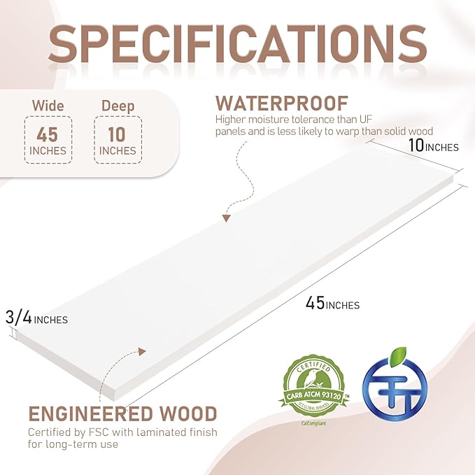 Kaboon 45 inch Long 10 inch Deep Floating Shelves for Wall Set of 2, Large Open Shelves Wall Mounted, Space Saving Home and Commercial Use, White
