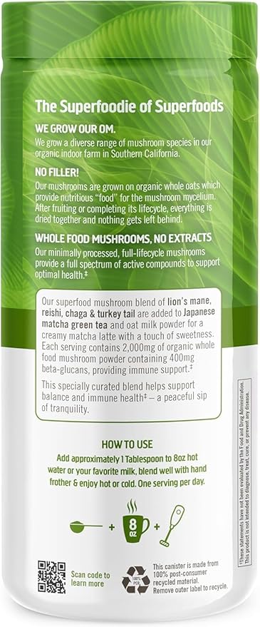 OM MUSHROOM SUPERFOOD Matcha Latte Blend – Green Tea Mushroom Powder with Lion’s Mane, Reishi, Chaga & Turkey Tail – Focus, Calm & Stress Support – 8.47 oz Canister (30 Servings)