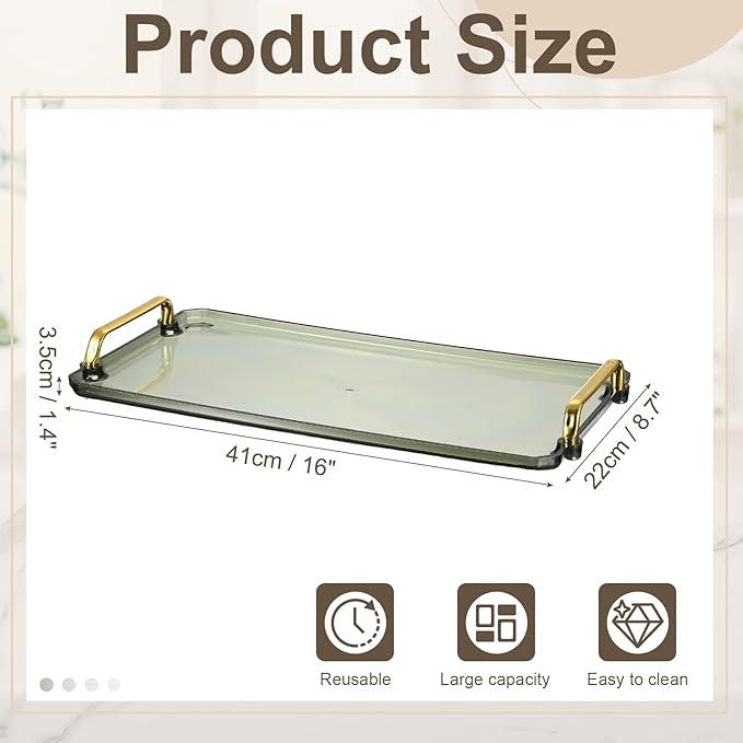 uxcell Plastic Serving Tray with Golden Handle, 16 x 8.7 Modern Rectangular Decorative Tray Acrylic Reusable Tea Platter for Countertop Bathroom Kitchen Home Restaurant, Clear Green