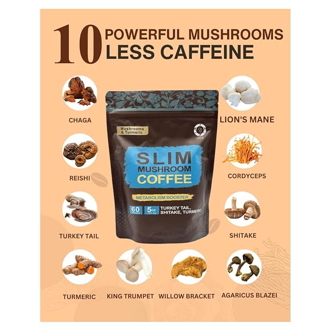 Slim Coffee with Turmeric & Mushroom Blend - Instant Mushroom Coffee with Turkey Tail & Shitake, Light Roast, Smooth Texture, Boosts Metabolism & Energy