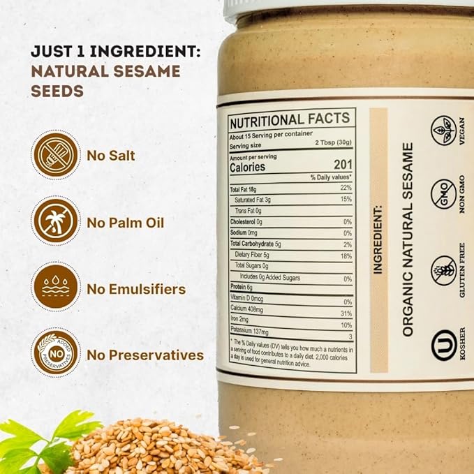 Organic Tahini Paste 16 oz (1lb) - Unhulled White Sesame Tahini Dressing - USDA Certified, Gluten Free, Kosher - Creamy Organic Tahini Sauce for Dressigns, Dips, Spreads & Hummus - The Holly Tree