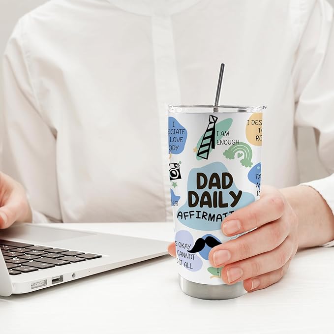 Dad Daily Affirmations 20oz Travel Coffee Mug Tumbler, New Dad Father Daddy Gifts for Christmas from Daughters Sons, Dad Birthday Gifts,Fathers Day Stainless Steel Tumbler with Lid and Straw