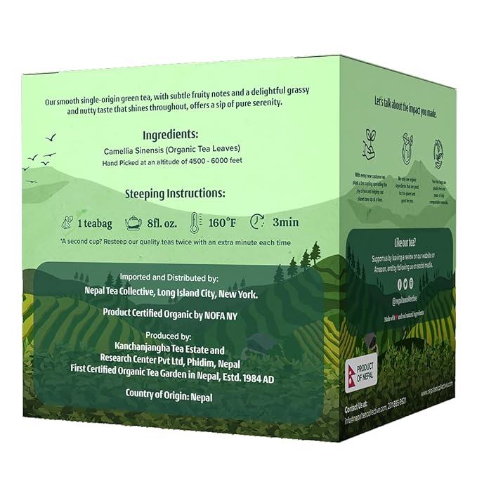 NEPAL TEA Organic Green Tea Bags from the Himalayas - 15 Pyramid Tea Bags, Single Origin from a Family Farm - Green Tea Bags with Loose Leaf Tea Inside (Himalayan Mist)