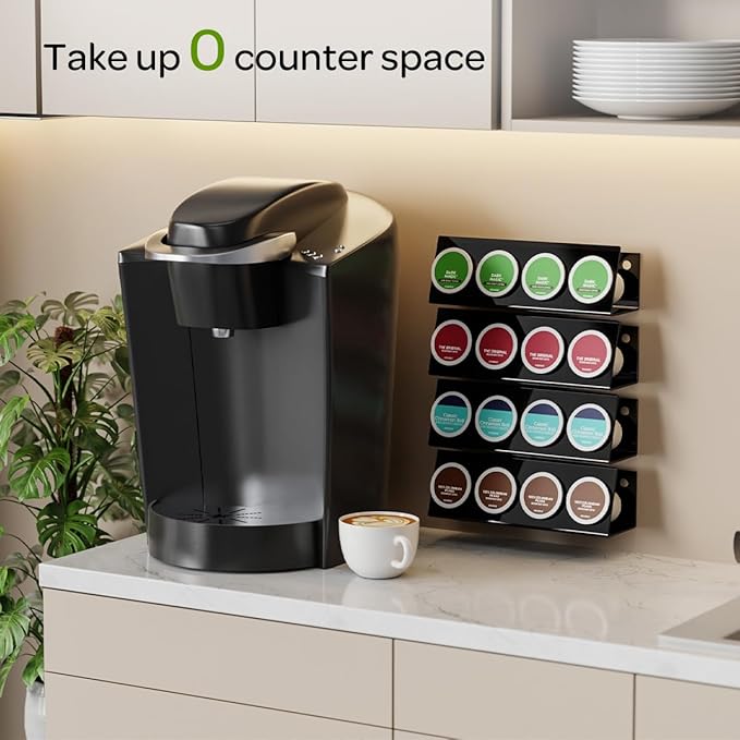 K Cup Holders, Acrylic Coffee Pods Organizer Stand Magnetic & Self-Adhesive for Kitchen Wall, Cabinet, Fridge (4 Pack for 16 Pods)