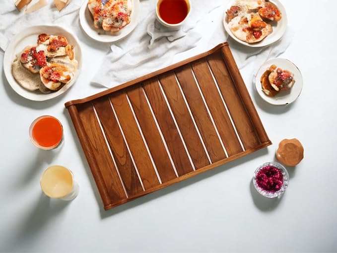 Vesta Homes Extra Large Teak Wood Serving Tray for Home, Kitchen, Breakfast, Restaurant, Office Organizer, Dining Table | Premium Wooden Serving Trays |18*12*2.25 Inches | Handcrafted in India